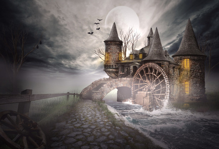 中世纪女巫一座中世纪城堡的插图照片