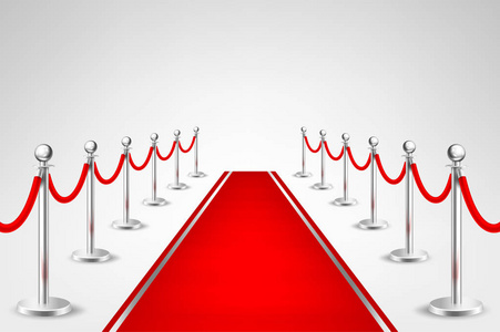 现实的矢量红事件地毯和银壁垒孤立在白色背景上。设计模板，在 Eps10 中的剪贴画