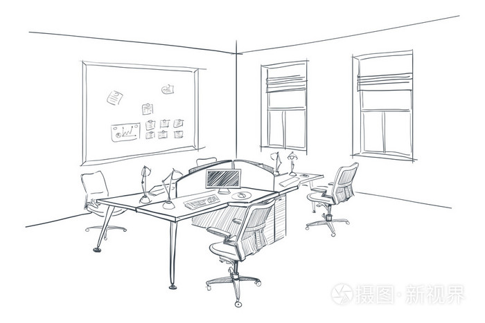 现代室内素描的开放空间办公室插画-正版商用图片0ceiiu-摄图新视界