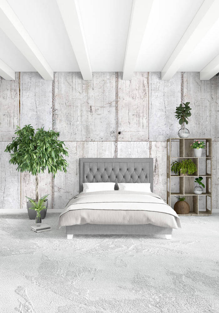 白色卧室最小风格室内设计，木墙和灰色的沙发。3d 渲染。3d 图