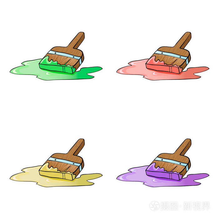 举例说明了绘画四种颜色的卡通装饰油漆刷