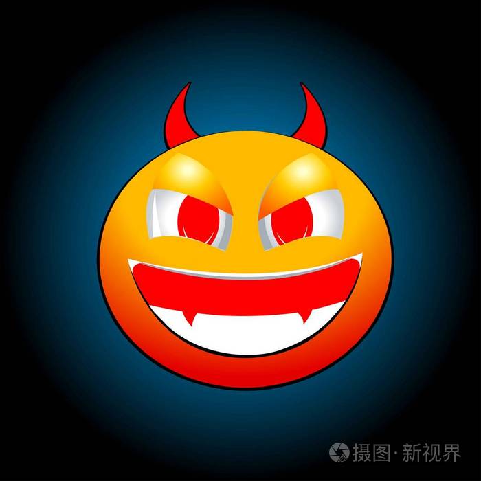 蓝色背景上的邪恶的魔鬼微笑