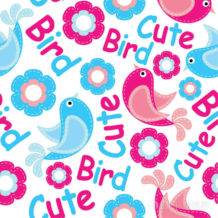 无缝模式矢量卡通插画的颜色鲜艳的鸟和花适合孩子织物背景设计