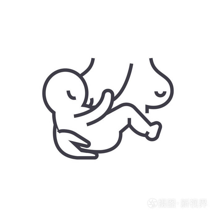 婴儿哺乳的矢量线图标, 标志, 插图背景,可编辑笔触插画-正版商用图片