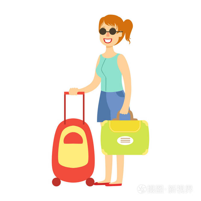 年轻游客女人和行李一起旅行.丰富多彩的卡通人物