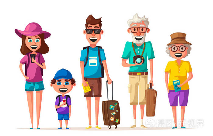 父母和孩子的旅程.卡通矢量图