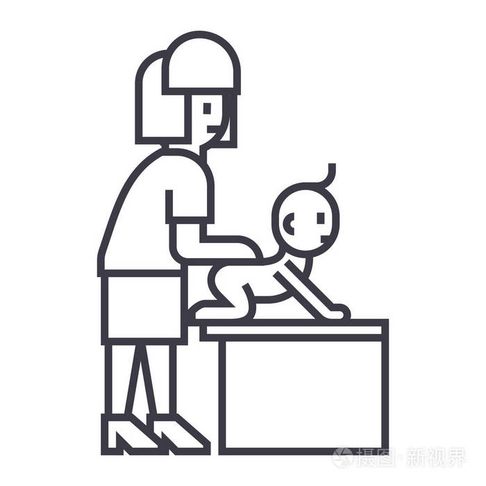 婴儿保健按摩,母亲与婴儿矢量线图标, 标志, 插图背景,可编辑笔触插画