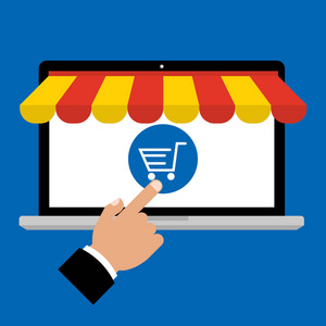 商人的手点到购物车在线支付,请在计算机笔记本电脑屏幕上在蓝色背景