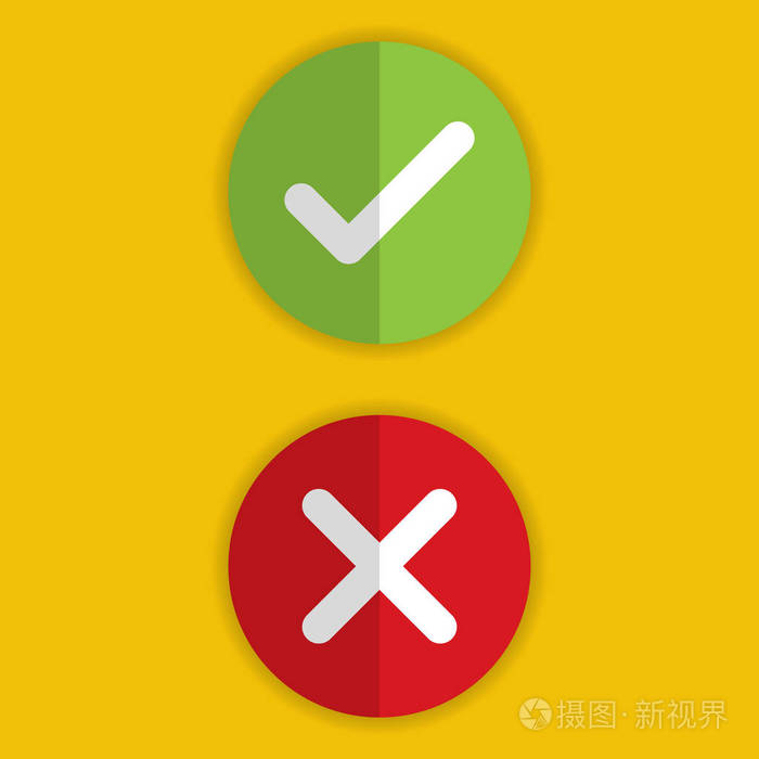 复选标记和 x 用黄色背景阴影标记对与错.矢量图业务图标概念