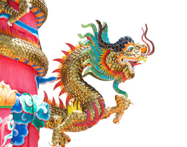 上杆,泰国,突出在白色背景上美丽龙金龙雕像照片