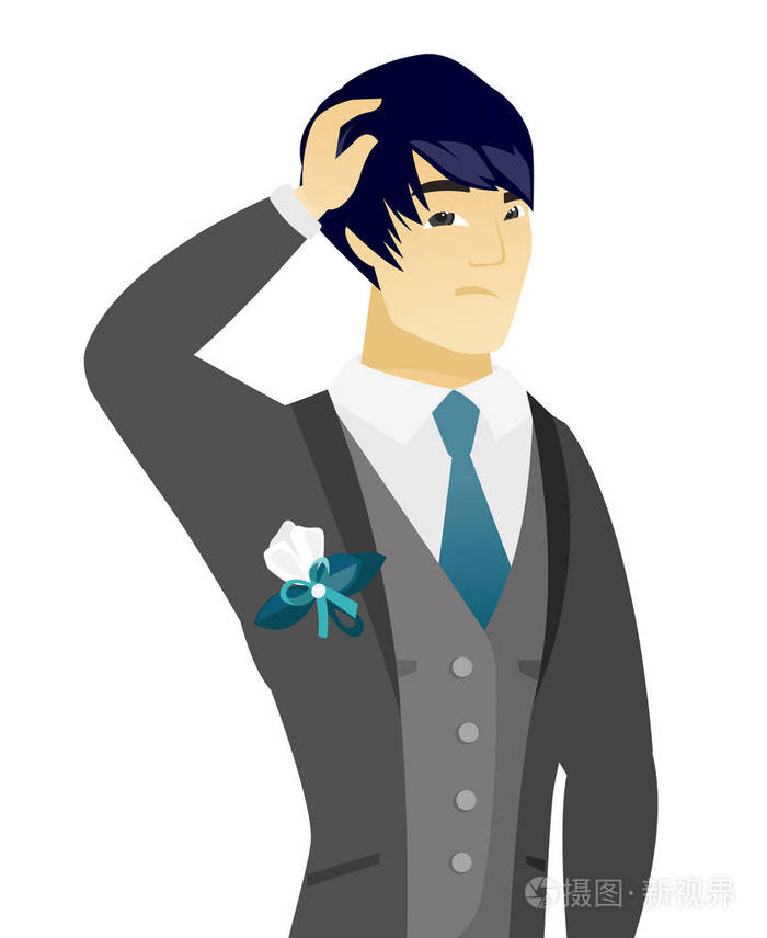 抓耳挠腮的年轻亚洲新郎