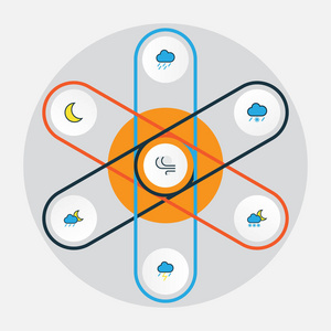 空气多彩大纲图标集。龙卷风，风大 朦胧和其他元素的集合。此外包括暴风雨 雪 月亮等符号