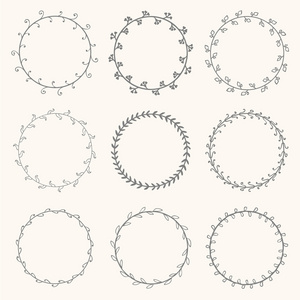 手绘制矢量集合圆花圈。装饰元素