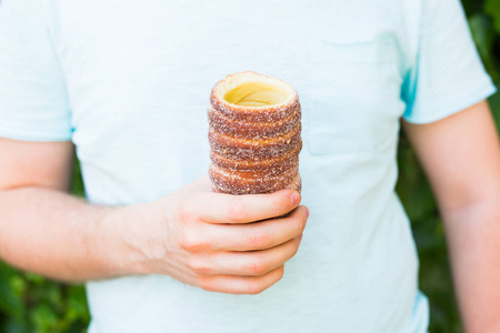 Trdelnik 或 trdlo 在手里，在捷克共和国的国家沙漠