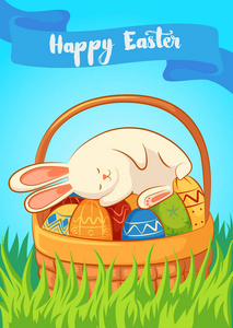 睡在蓝色背景上的复活节兔子卡