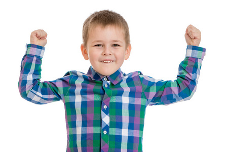 积极的小男孩，身穿格子衬衣举起他的手上，附近