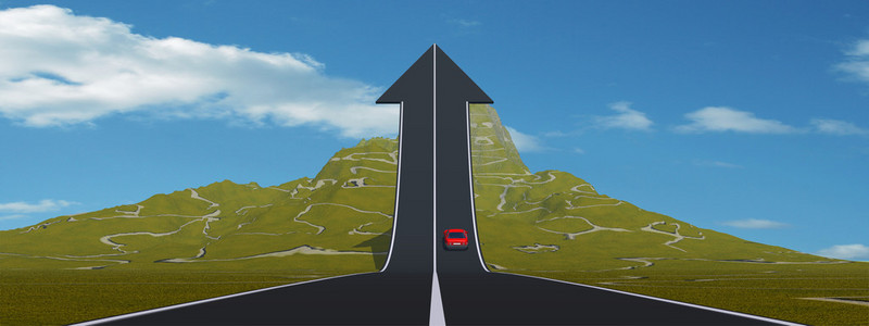 向上的箭头路上的红色汽车照片