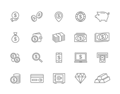 矢量银行和钱线图标集。硬币 现金 卡 信用 atm 钻石 钱包 黄金 存款 钱包 小猪 钻石 美元 袋