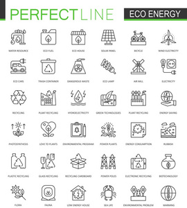 生态能源细线 web 图标集。可再生能源的绿色技术大纲中风图标设计