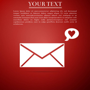 信封与情人节心脏图标孤立的红色背景。短信爱。情书爱和浪漫。平面设计。矢量插图