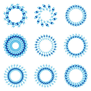 蓝色向量抽象曼荼罗。白色背景上带有几何元素的边框或框架