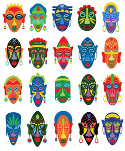 部落面具矢量非洲人脸面具和掩蔽民族文化在非洲传统的蒙面符号在白色背景下被隔离的插图集