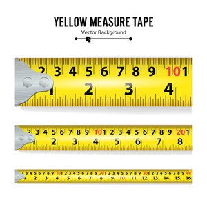 黄措施磁带向量。厘米和英寸。测量工具设备图孤立在白色背景上。几个变种，比例缩放