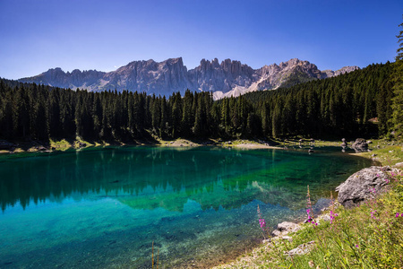 Karersee Lago di，在意大利多洛米蒂山最美丽的高山湖泊之一的视图