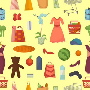 网络购物矢量集食品商务产品店图标无缝图案背景服饰玩具商品
