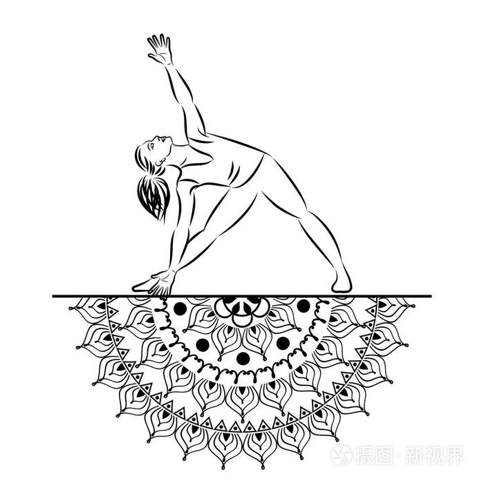 瑜伽姿势矢量图中女性线条剪影的瑜珈风格曼荼罗插画-正版商用图片0ch