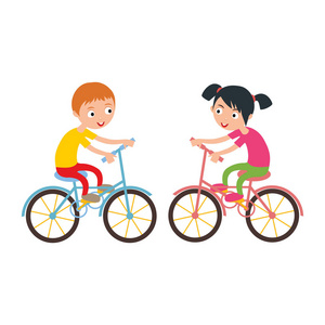 小快乐的男孩和女孩在运动自行车上的矢量图