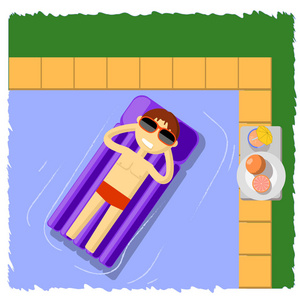休闲, 游泳池, 游泳, 空气床垫, 戴眼镜的家伙, 红色的眼镜, 在游泳池里的男孩, 在床垫上游泳, 暑假, 好心情, 游泳