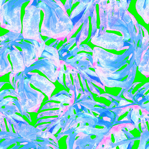 水彩无缝图案。手绘的热带树叶和花朵插图。热带夏季主题与龟背竹模式