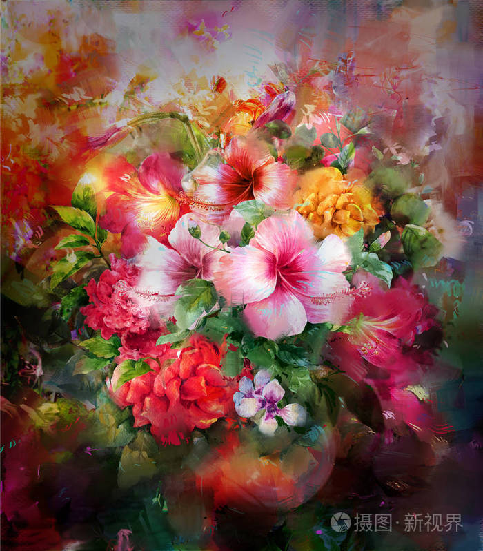 抽象的七彩花朵水彩画.多彩多姿的春天的花朵图