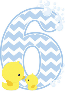 鸭腿饭卡通字体设计数字6与气泡和小婴儿橡胶鸭孤立的白色背景.