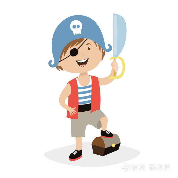 这个男孩和一个海盗一起玩军刀和金胸.矢量