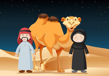 人们带着骆驼在沙漠中旅行