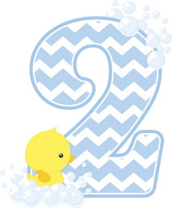 数字2与气泡和小婴儿橡胶鸭孤立的白色背景。可用于男婴出生通知, 苗圃装饰, 聚会主题或生日请柬