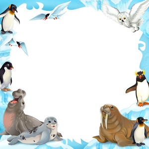 矢量卡通北极动物与冰原背景多彩的北极野生动物概念抽象水彩画萨凡纳