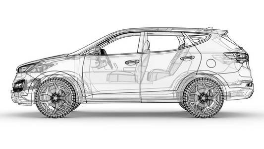 在白色背景上的插图, 汽车的轮廓线和具有半透明的身体.3d 渲染照片