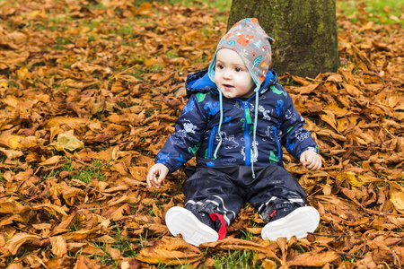 婴孩在森林里爬行通过秋天叶子