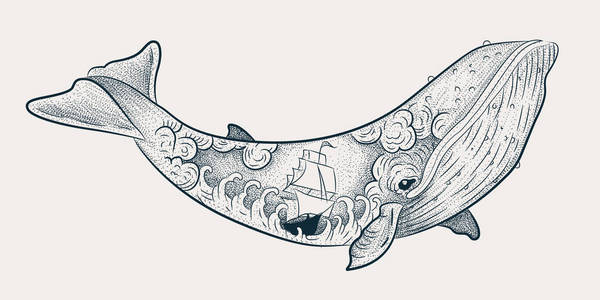 死鲸的骨架.阶段的月亮.织物和衣物的印花素描.趋势向量照片