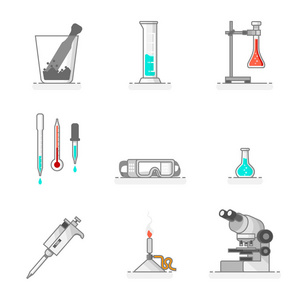 科学成套的实验室玻璃器皿材料和工具。平面线设计理念。矢量插图