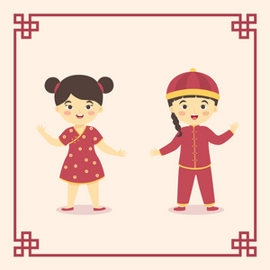 可爱的中国孩子男孩女孩服饰农历新年卡通矢量插图与框架照片