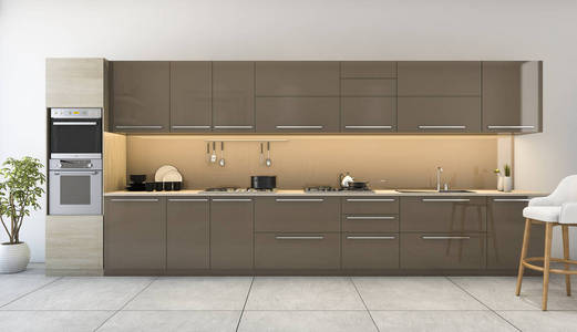 3d 呈现漂亮的木制厨房与现代风格的装饰