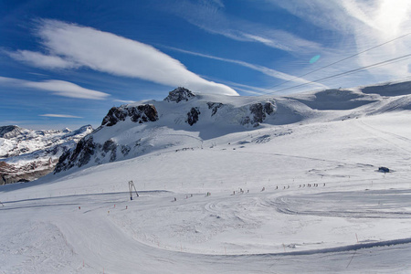 高山滑雪滑雪坡在采尔马特瑞士，意大利，瓦莱达奥斯塔 维尼 奥斯塔山谷，切尔维尼亚高原玫瑰