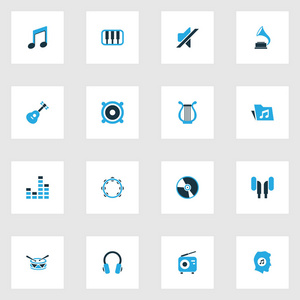 音乐色彩鲜艳的图标集。无线电 静音 混频器和其他元素的集合。此外包括键盘 竖琴 转台等符号