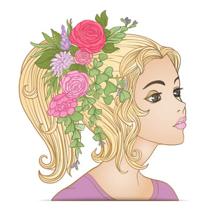 植物卡通造型图在他头上的花冠与年轻漂亮的女孩照片