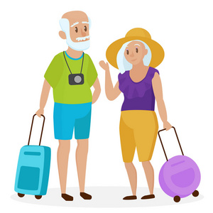 快乐的祖父母旅行.爷爷和奶奶.旅行的老年夫妇.卡通矢量图照片