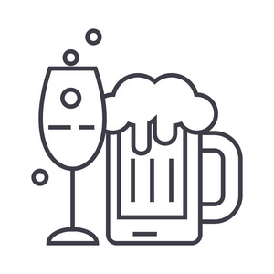 酒精饮料矢量线图标 标志 插图背景，可编辑笔触